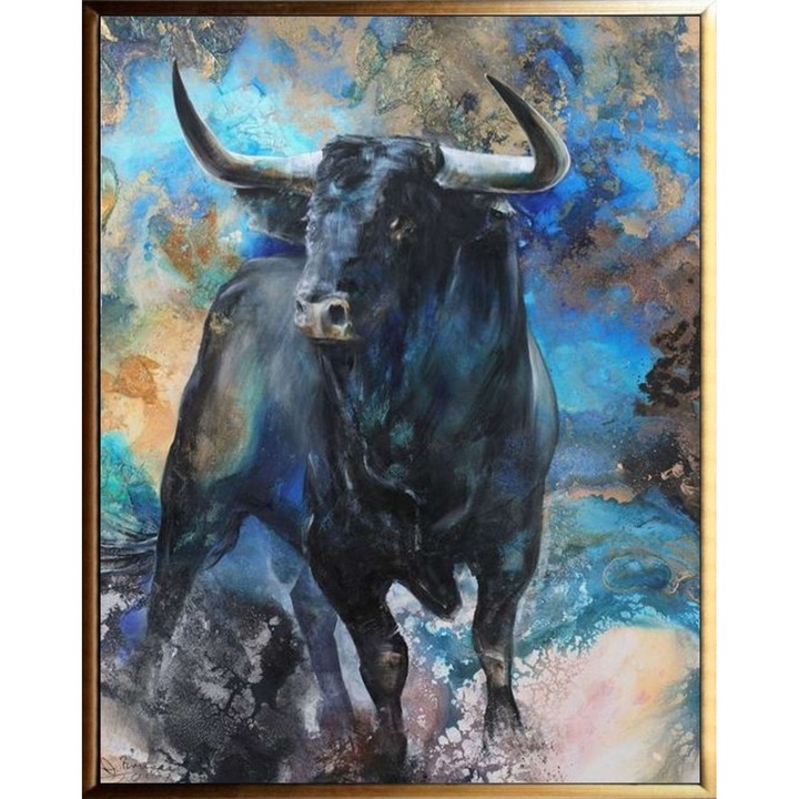 Tablou pictat manual ulei pe panza, tehnica texturata, 100x75cm, Taur in corida, multicolor