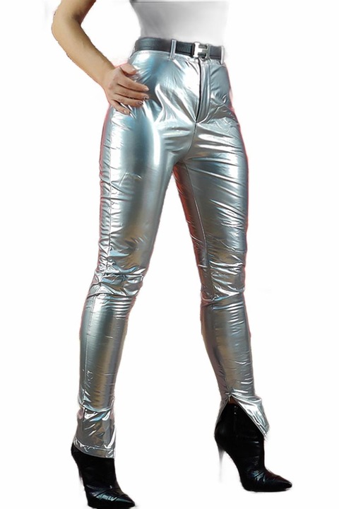 Pantaloni dama, WildFashion, Piele ecologica, 968, Argintiu