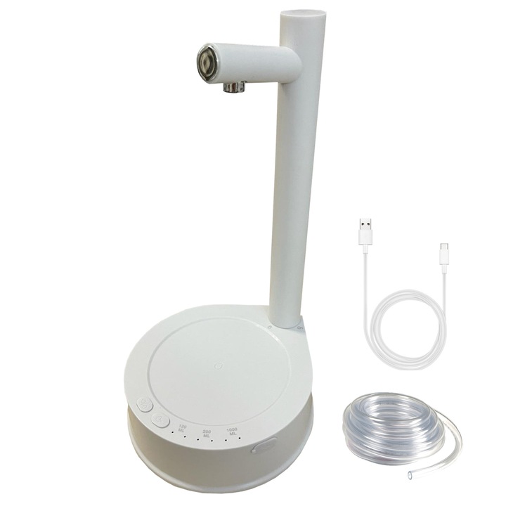 Elektromos pumpa LeeXo intelligens vizes palackhoz 3 üzemmóddal, ABS/szilikon, vízadagoló/adagoló, ON/OFF gomb, USB töltés, háztartási/irodai használatra, 1800 mAh, 5V, 4W, fehér