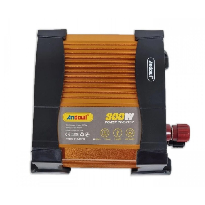 Invertor auto de tensiune, KS300, putere 300W, tensiune intrare 12V, tensiune iesire 220V, auriu