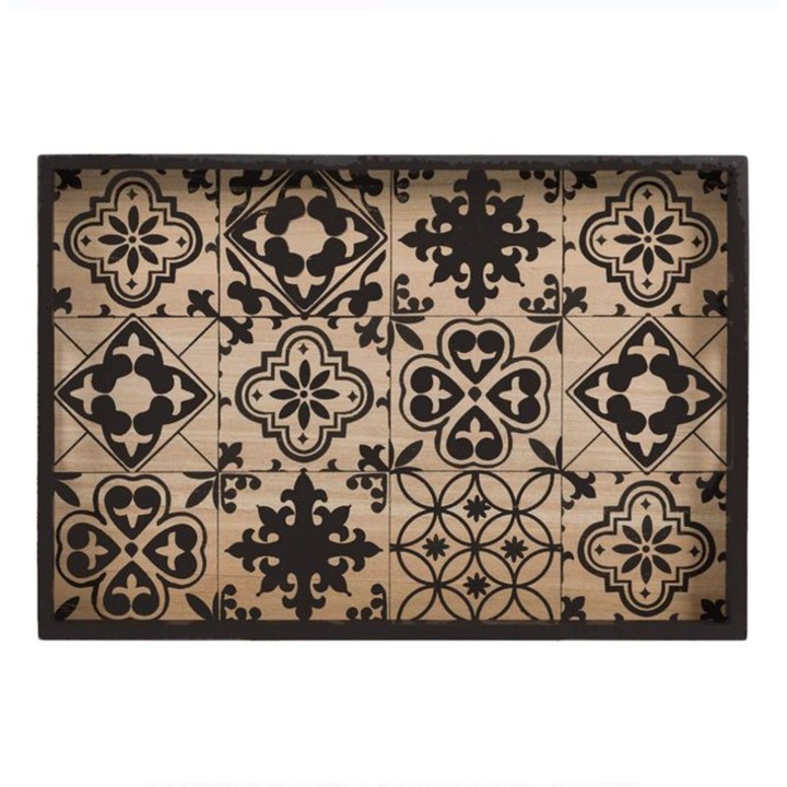 Tava pentru Servit, din Lemn, cu Modele Negre, 41x28x3.5cm