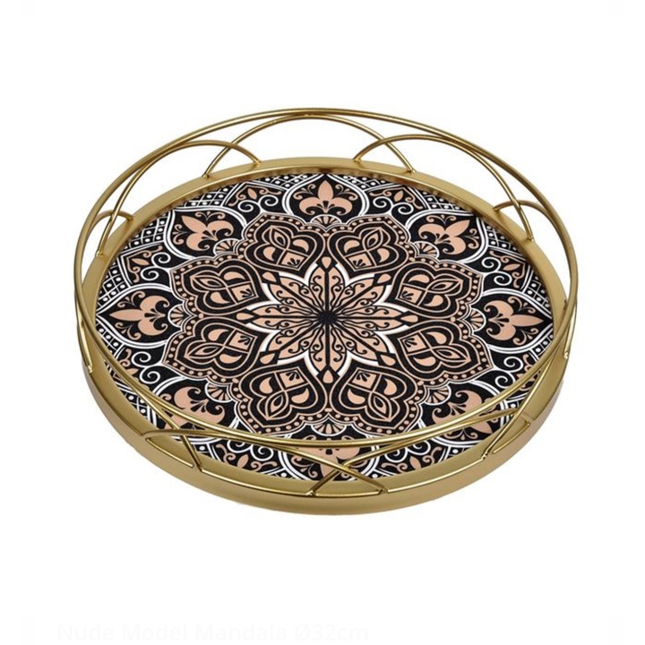 Tava Metalica, pentru Servit, Rotunda, Maro, Aurie, Nude, Model Mandala, 32cm