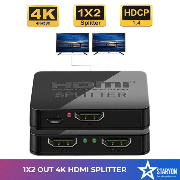 Splitter HDMI 1x2 Staryon®, 1 intrare 2 iesiri, partajare simultana pe doua ecrane, suport 1080P 60Hz, 3D, HDCP 1.4, amplificator semnal, sincronizare audio-video, compatibil cu console/laptop/PC/TV Box, pentru TV/Monitor/Proiector, alimentare USB, Negru