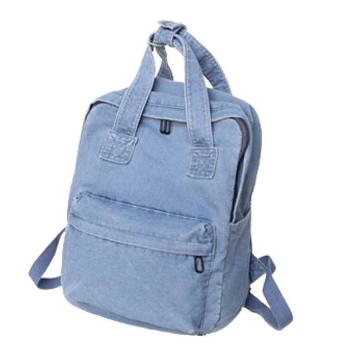 Rucsac Denim, Ledera, Casual, Urban, Vintage, Hippie Boho Style, Unisex, Blugi Albastru Deschis, 35x27x12cm