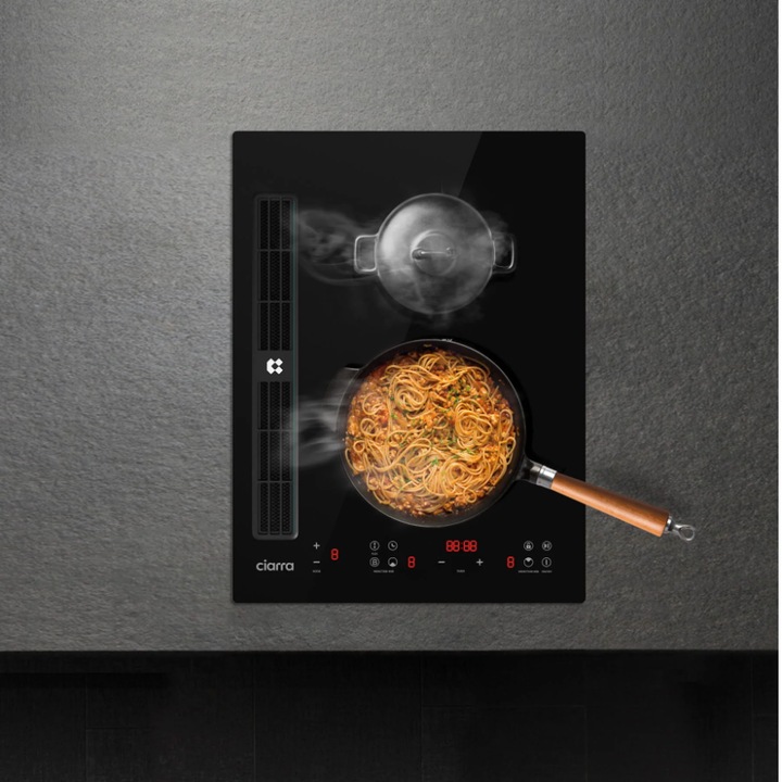 Plita incorporabila cu inductie si hota integrata Ciarra, colectie ONE, latime 39 cm, 2 zone gatire, hota 350m³/h, sistem Plasma+, sticla ceramica, 9 niveluri putere, detectare vas, timer, functie FlexZone, Boost, temperatura reglabila, negru