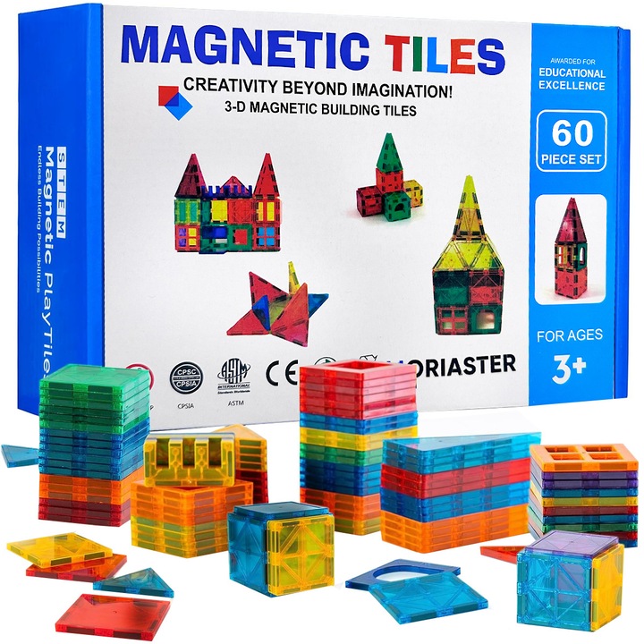 Set de Constructie, Magnetic Tiles 3D, 60 Piese colorate, Jucarie Creativa si Educationala STEM MORIASTER®