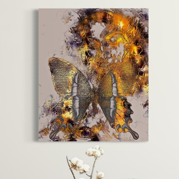 Премиум картина върху платно, LuxCanva® C1096, Златна пеперуда, 100 X 120 см, 100% памучно платно 400 г/м2, дървена рамка, пеперуда, красива, златна, хол, спалня, релаксация, ярки цветове