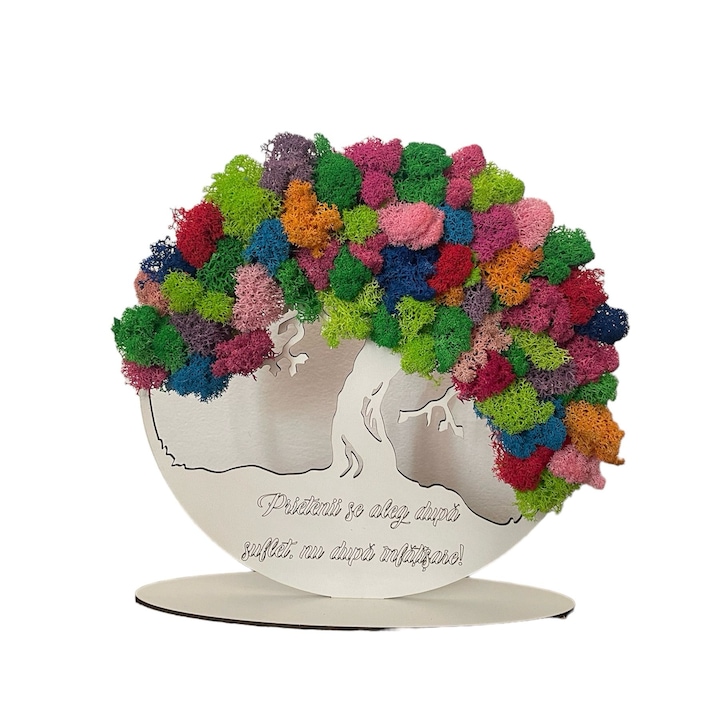 Tablou copacul vietii cu licheni naturali stabilizati, gravat cu mesaj despre PRIETENI, culoare multicolor, dimensiune 20 cm, suport alb inclus