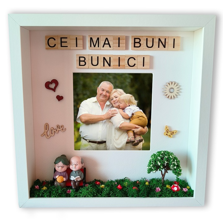 Tablou 3D “Cei mai buni bunici” cu poza, licheni si figurine, pentru bunici, rama alba 27x27cm