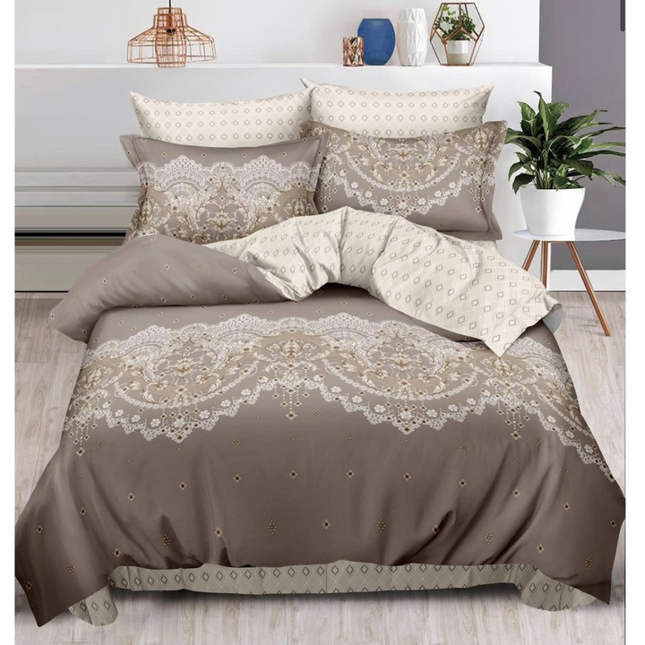 Set Lenjerie de pat dublu cu Elastic, 2 Persoane, 6 Piese, Pucioasa, Bumbac Finet, Cearceaf de pat cu elastic 180x200 cm, Cearceaf pilota cu 2 Fete 200x230 cm, 2 Huse perne 55x75 cm si 2 Huse perna 70x70 cm, Model Floral, Bej/Maro Inchis, FPE-052