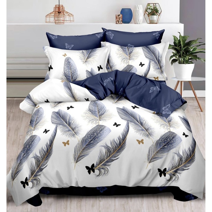 Двоен комплект спално бельо с ластик, 2 лица, 6 части, сяра, фин памук, чаршаф с ластик 180x200 см, чаршаф с 2 страни 200x230 см, 2 калъфки за възглавници 55x75 см и 2 калъфки за възглавници 70x70 см, шарка пера, бяло/тъмно синьо, FPE-057