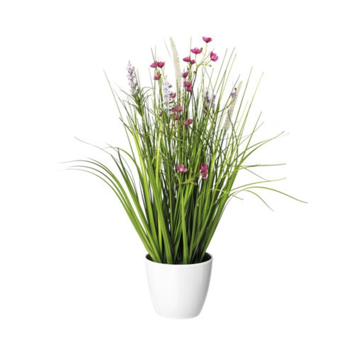 Planta Artificiala Amestec Iarba Cu Flori In Ghiveci H 46 Cm Roz