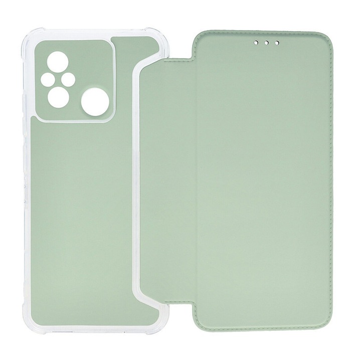 Husa protectie, Compatibila Xiaomi Redmi 12C, Hybrid Book Case Plus, Piele ecologica, Buzunar card, Protectie camere, Margini antisoc, Tip Carte, Verde deschis