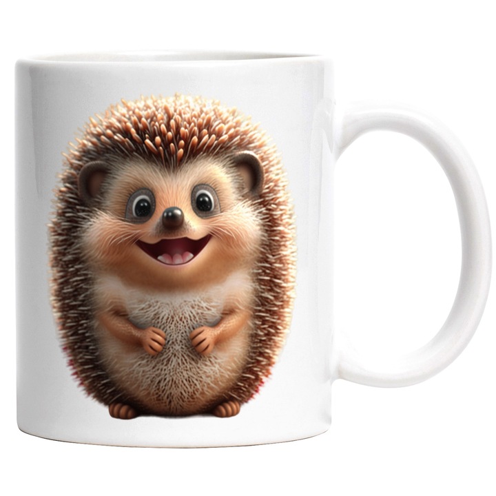 Cana cu Portret Arici Dragut, Fericit, Zambaret, Maroniu, Iubitori de Animalute, Ceramica, 330ml, cu Maner Alb