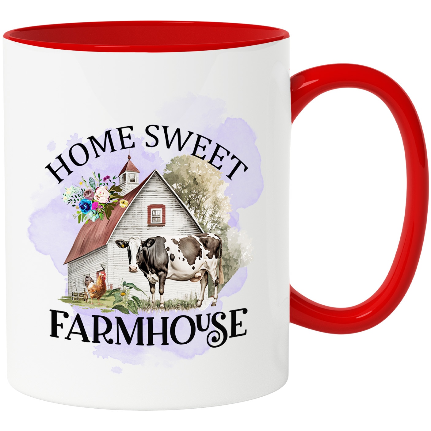 Чаша с селскостопански животни с послание „Home Sweet Farmhouse“, фермер,  крава, кокос, цветя, селски живот, живот във ферма, дом, сладко, илюстрация  с червена дръжка - eMAG.bg