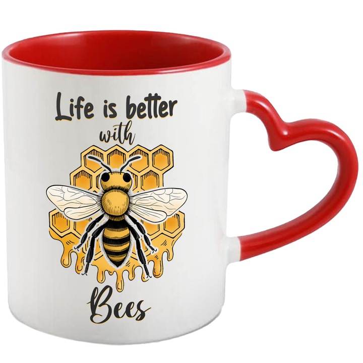 Méhekkel ellátott bögre "Méhekkel jobb az élet", méhekkel jobb az élet, méhekkel, segédprogram, méhsejt a háttéren, rovar, illusztráció, méz, piros szív fogantyúval