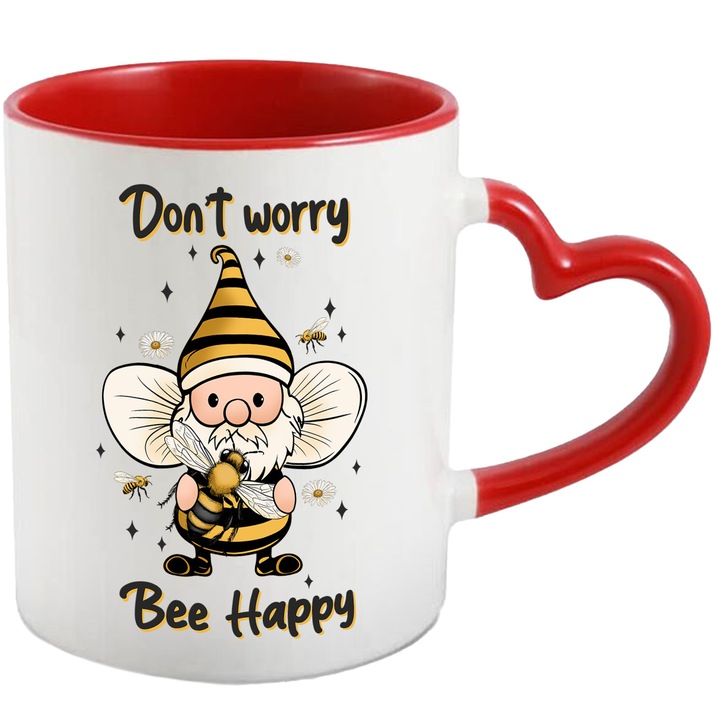Bögre méhnek öltözött törpével, méhet tartó "Ne aggódj, méh boldog", ne aggódj, légy boldog, rovarok, csillagok, illusztráció piros szív fogantyúval üzenettel