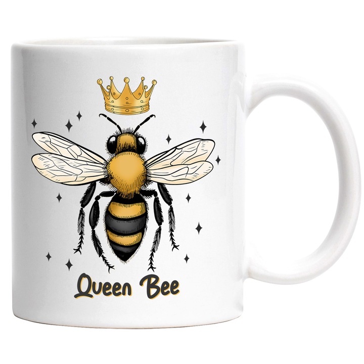 Чаша с пчела с корона и звезди наоколо с послание „Пчела царица“, пчела царица, водач, водач, насекомо, илюстрация с бяла дръжка