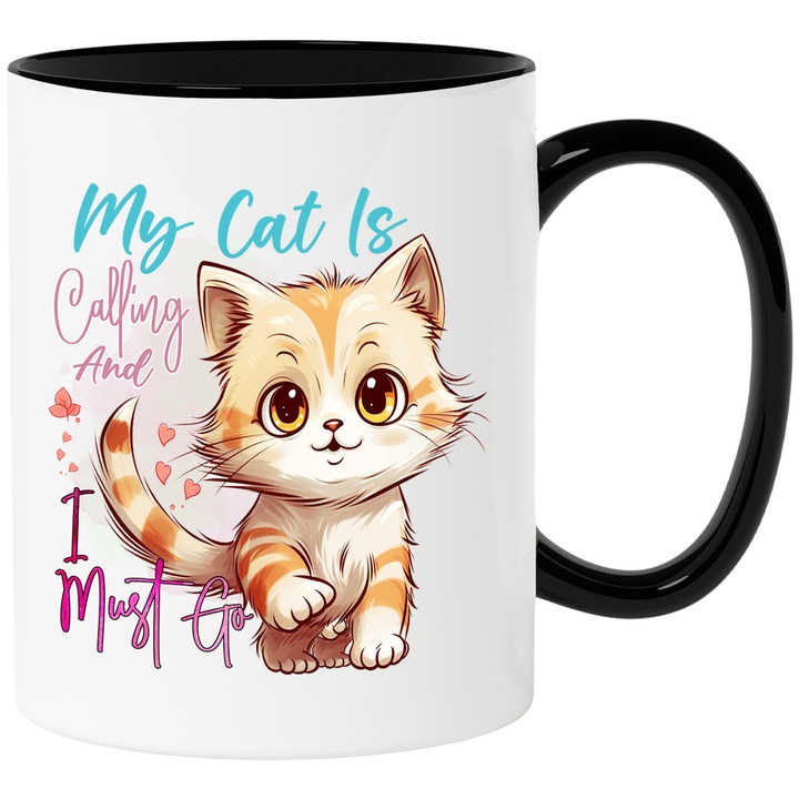 Bögre cicákkal "My cat is calling and I must go", a macskám hív és mennem kell, illusztráció, hallgatás, szívek fekete nyéllel