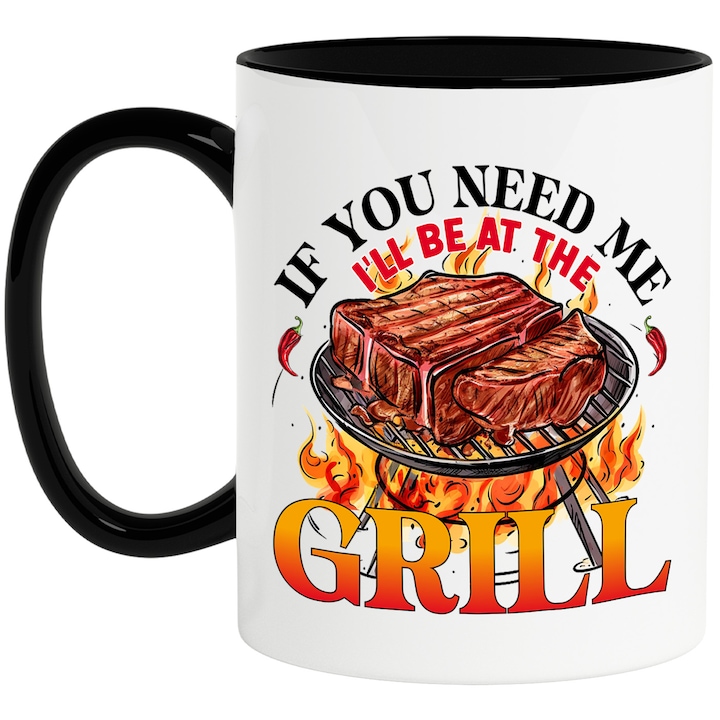 Bögre grillsütővel, amin egy steak található "Ha szükséged van rám, én leszek a grillnél", főzés, illusztráció, konyha, kell, paprika, tűz, szaftosság fekete fogantyúval