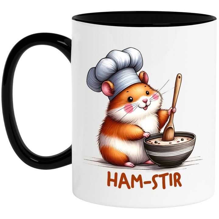 Cana cu un hamster care amesteca ingrediente in castron cu mesajul "Ham-stir", ilustratie, amuzant, razi, comic, vesel, bucatar, gustos cu Maner Negru