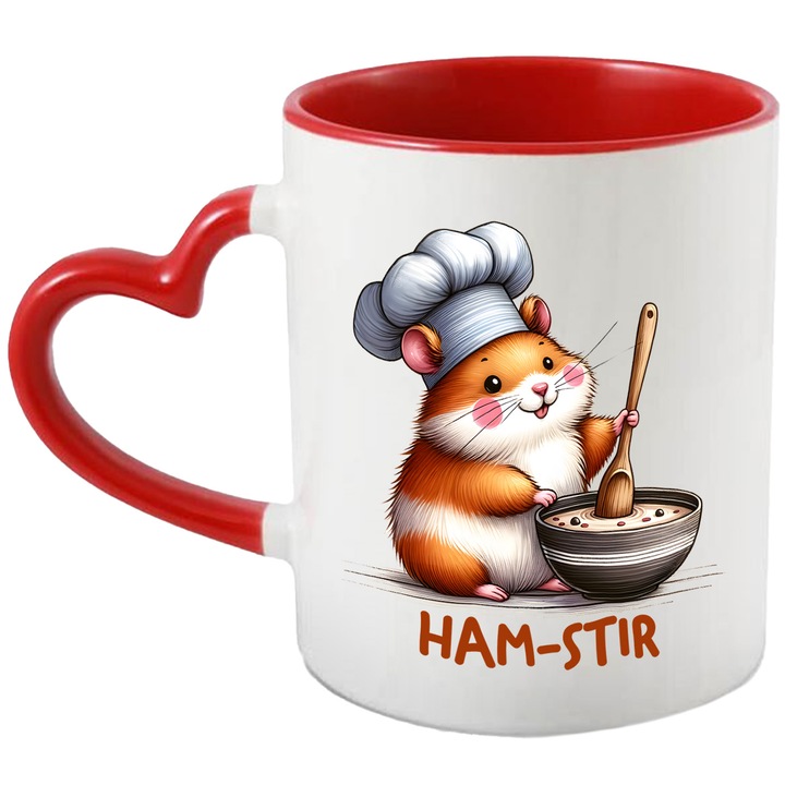 Cana cu un hamster care amesteca ingrediente in castron cu mesajul "Ham-stir", ilustratie, amuzant, razi, comic, vesel, bucatar, gustos cu Maner Inima Rosie