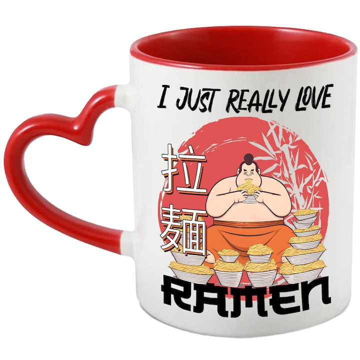 Bögre sumák harcossal, amely rament eszik "I csak nagyon szeretem ramen" üzenettel, illusztráció, étel, leves, Japán, nagyon szeretem a ramen-t Red Heart Handle