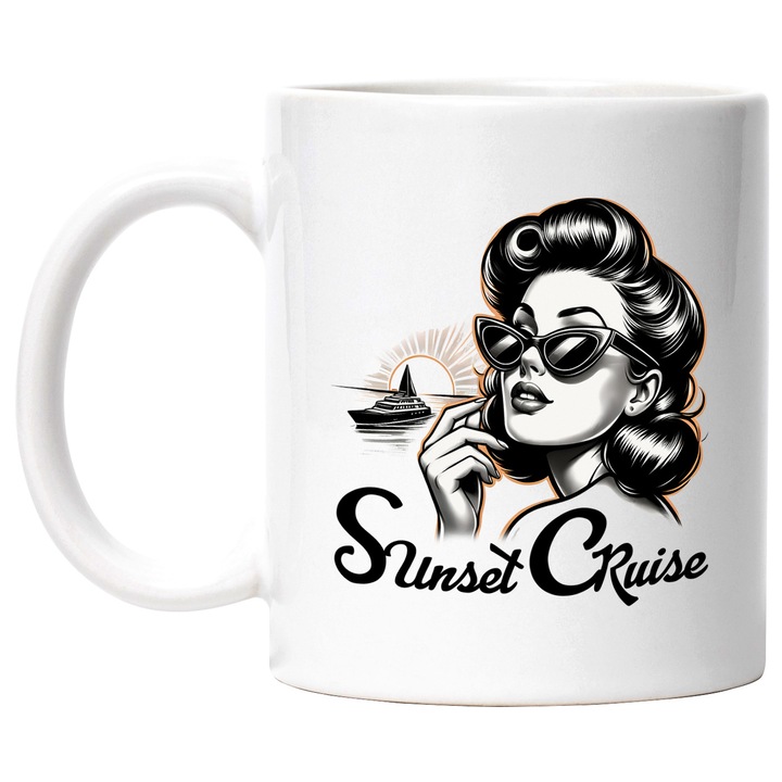 Cana cu mesajul "Sunset cruise", ilustratie, stil retro, vechi, de moda veche, apus, croaziera, mare, apa, femeie frumoasa, ochelari de soare cu Maner Alb