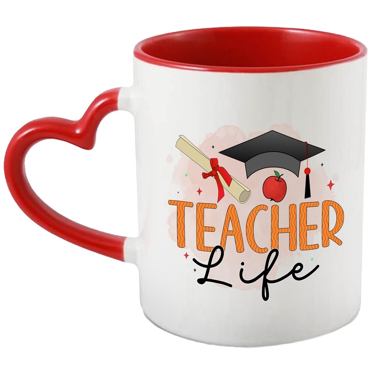 Bögre "Tanári élet", illusztráció, iskola, tanulók, diákok, tanárok, oktatás, tanítás, tanári élet, diploma, alma piros szív fogantyúval