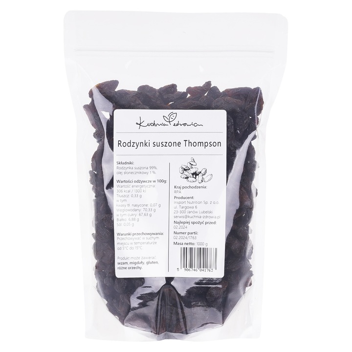 Kuchnia Zdrowia, Thompson sultane uscate, Fructe intregi, fara conservanti, Punga sigilata cu inchidere cu fermoar, 500g Doypack