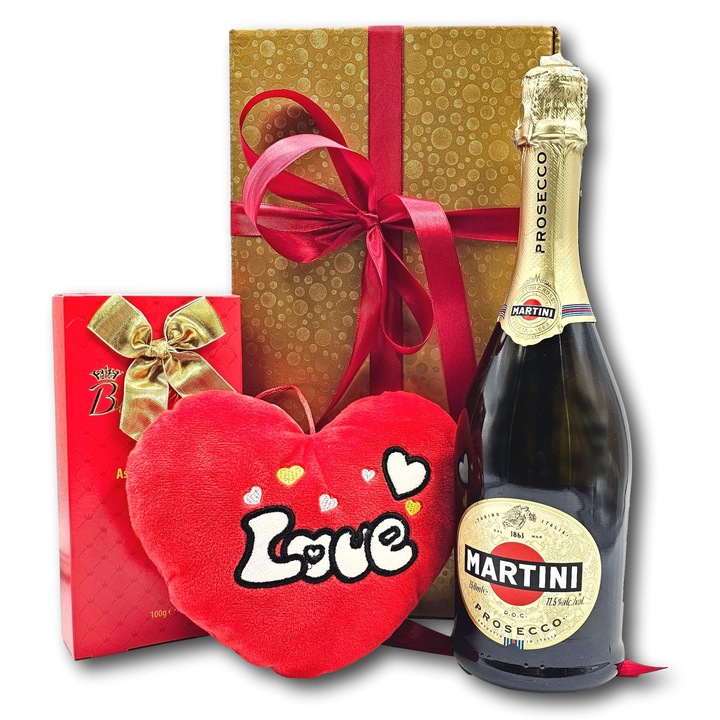 Pachet cadou elegant, CADOURI PREMIUM, model Valentine’s Day Gift, cu Prosecco Martini, praline The Belgian si jucarie de plus in forma de inima