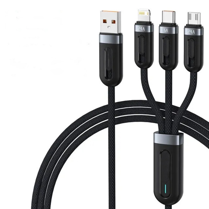 Cablu de date, 3 in 1, USB, Micro USB / Type C / Lightning, 125 cm, Negru