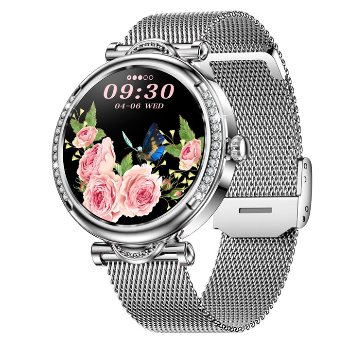 Смарт часовник PulsePro™ Rose за жени, дисплей 1,27", сензорен екран, Android/IOS, Bluetooth HD разговори, фитнес тракер, наблюдение на сърдечната честота, наблюдение на съня, метална каишка, сребърно издание