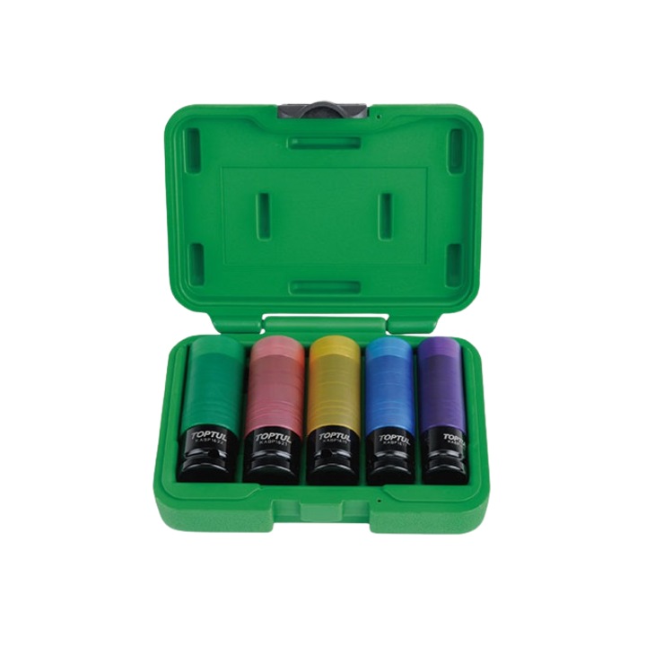 Set 5 chei tubulare de impact Toptul, prindere patrat 1/2 inch, profil hexagonal, deschidere chei 15-22 mm, invelis plastic
