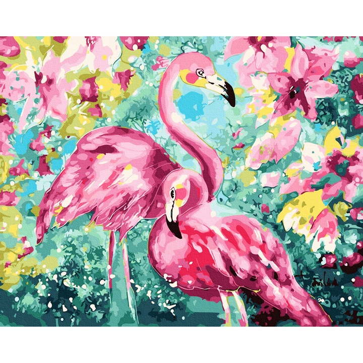 Set Pictura pe Numere AKU, Flamingo, Tablou cu schita cu Panza Bumbac pe Rama de Lemn, cu 3 Pensule si Vopseluri acrilice, 40×50 cm, AK5750