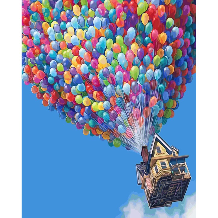 Set Pictura pe Numere AKU "Casa cu Baloane", Tablou cu schita cu Panza Bumbac pe Rama de Lemn, cu 3 Pensule si Vopseluri acrilice, 40×50 cm, AK5762