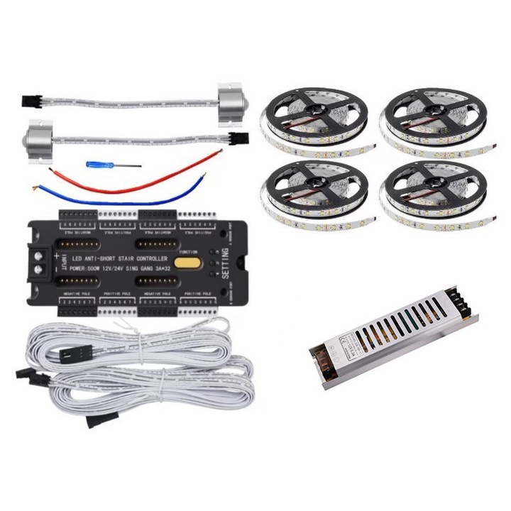 Kit iluminat scari inteligent maxim 32 trepte, senzori miscare, Banda LED, sursa alimentare, Alb Rece ZenLED®