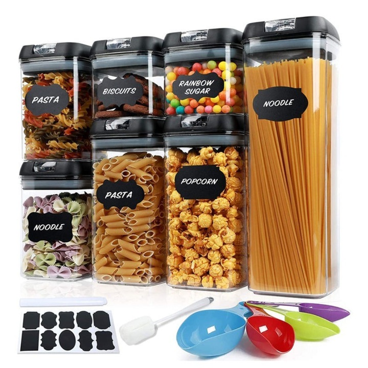 Set 7 Recipiente Zenino - Organizare Alimente, Inchidere Etansa, Etichete Reutilizabile, Cupe Masurare, 4 Dimensiuni Diferite, Plastic Dur, Transparent