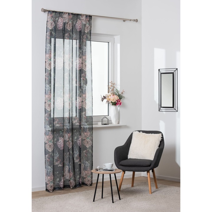 Splendid Hortense Áttetsző függöny, 140 x 260 cm, 100% poliészter, Virág mintás, Fekete