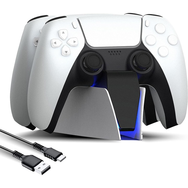 Зарядна станция DualSense PS5, goBERA®, бързо зареждане за 2,5 часа за 2 контролера, LED индикатор за статус на зареждане, бял