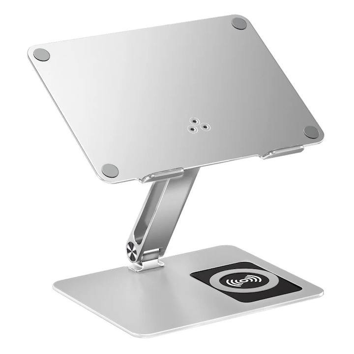Ергономична стойка за лаптоп eGROW® C5, безжично зареждане 15W, въртяща се на 360° основа, сгъваема, алуминий и силикон, неплъзгаща се, съвместима с всички 10-17" лаптопи
