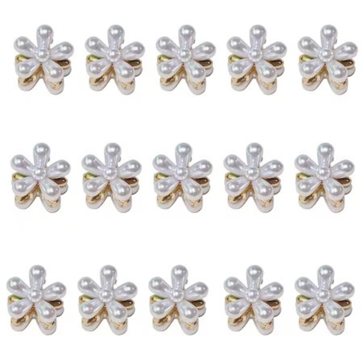 Set 10 mini clesti par, Metal, Cu perle, Alb/Auriu