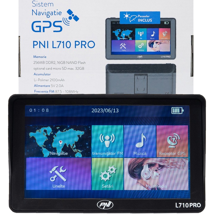 Sistem de navigatie GPS PNI L710 PRO cu parasolar, 7 inch, 800 MHz, 256MB DDR, 16GB memorie interna, FM transmitter, cu doua alimentatoare auto incluse
