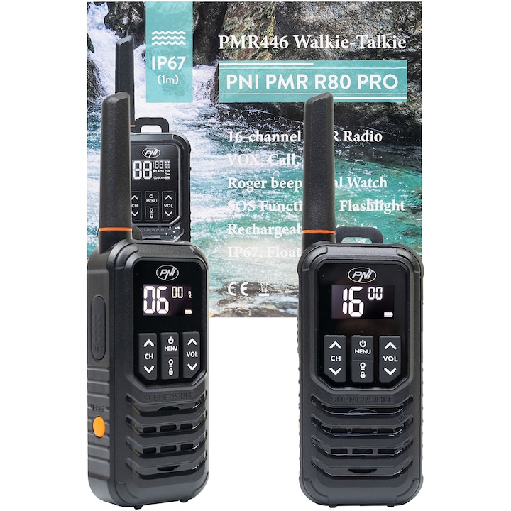 Преносима радиостанция PNI PMR R80 PRO, Комплект 2 броя, 0.5W, 16 канала, Водоустойчивост IP67, С LED фенер, SOS бутон, VOX, USB-C