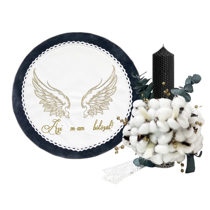 Set elegant trusou botez Gardinea Domain® 11 piese, cutie trusou din catifea cu mesajul "Azi m-am botezat!" si lumanare, decor dantela Negru