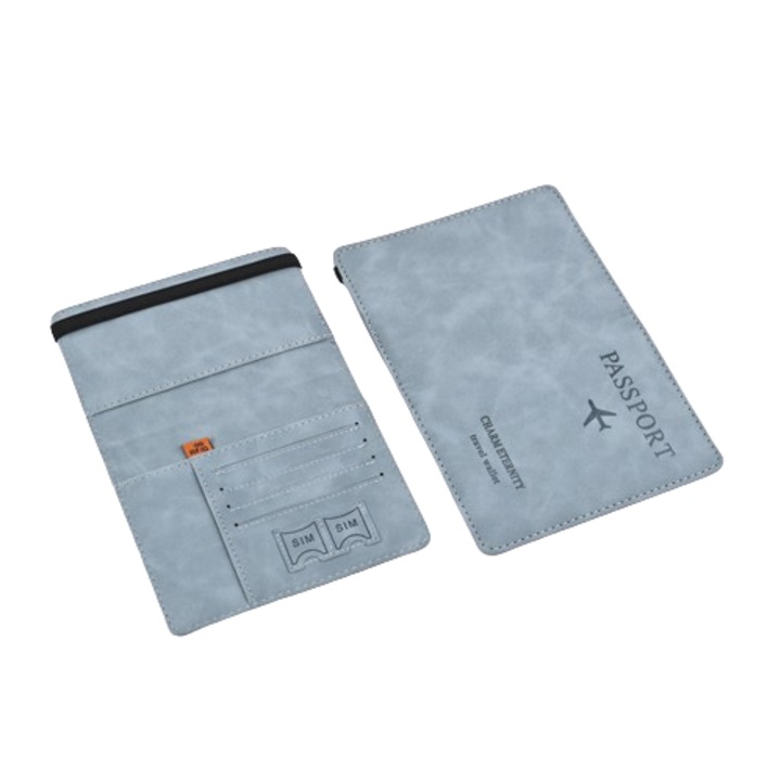 Portofel pentru Pasaport si Carduri Protectie RFID, JENUOS®, 14.3*10.5cm, 60g, PU piele, Unisex, Multifunctional, Albastru
