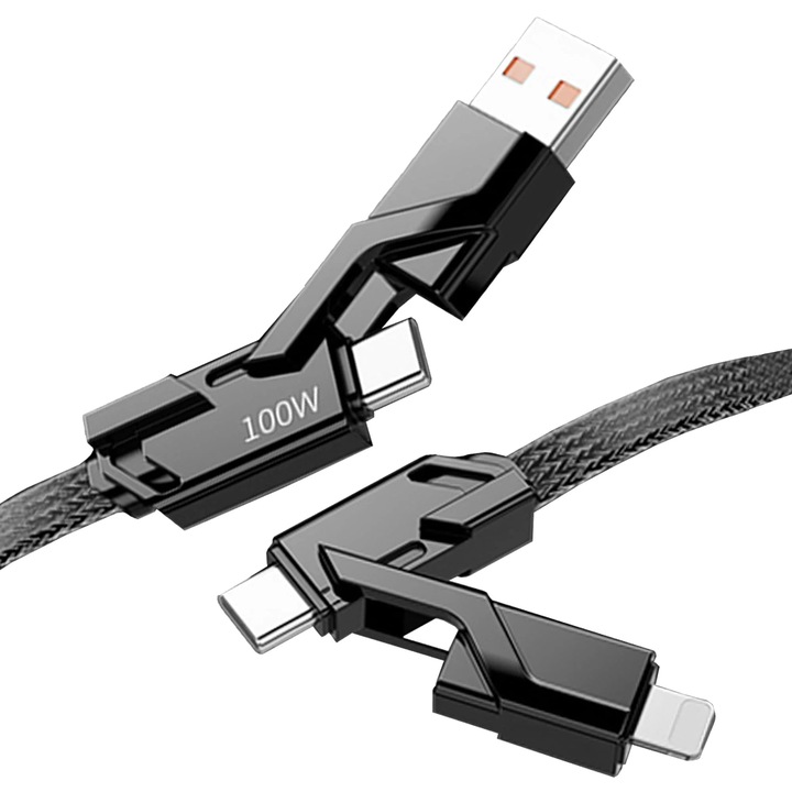 Кабел за данни и бързо зареждане, Timebox, 4 в 1, Бързо зареждане 100 W, 1,5 м, USB, Lightning, Type-C, Съвместим с iPhone, Huawei, Macbook, Xiaomi, лаптоп, черен