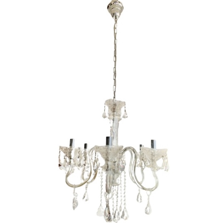 Üvegcsillár LU 2398/6 CHROME E14 foglalat, 6x60 W gyertyautánzat, átlátszó üvegkarok és kristályok kristályos üveglapokkal, magasság 80 cm, felfüggesztés 60 cm, átmérő 65 cm ORION