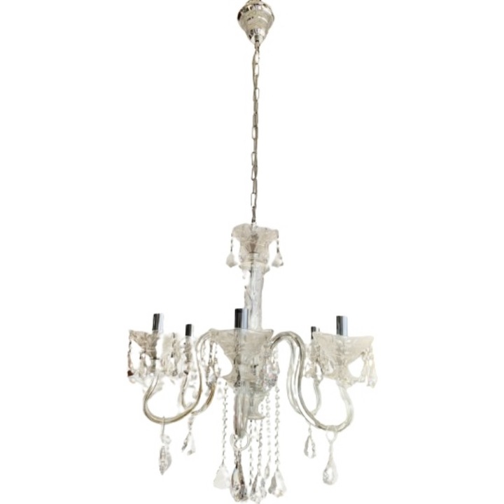 Candelabru Sticla LU 2398/6 CHROM Soclu E14 6x60W Imitatie Lumanari, Brate din Sticla Transparenta si Cristale cu Farfurii din sticla cristalinizata Inaltime 80cm, Suspensie 60cm, Diametru 65cm ORION