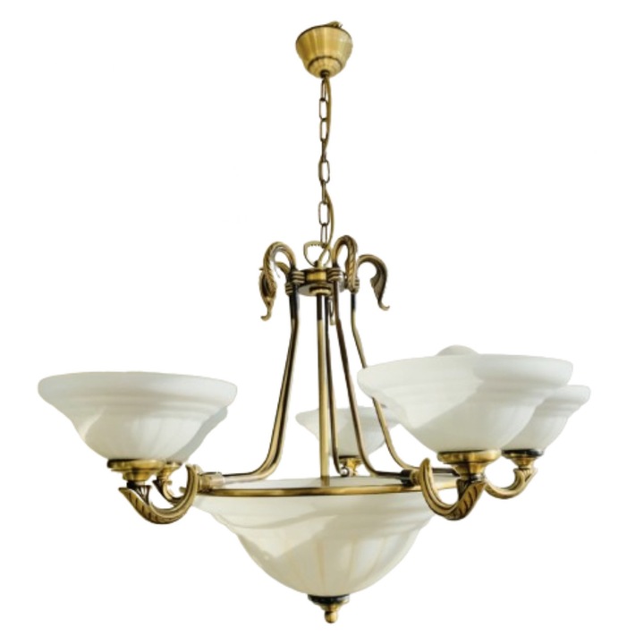 Lampadar cu Lant LU 1K-2038/5 PATINA E27 5+2x60W 5 Brate din Alama Masiva Patinata si Abajur Sticla Groasa Matt, Inaltime 100cm, Diametru 54cm ORION